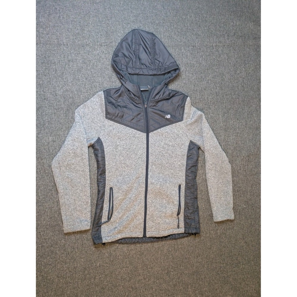 New Balance Hoodie Mens Medium Black Gray Hooded Fleece Quilted Full Zip Jacket